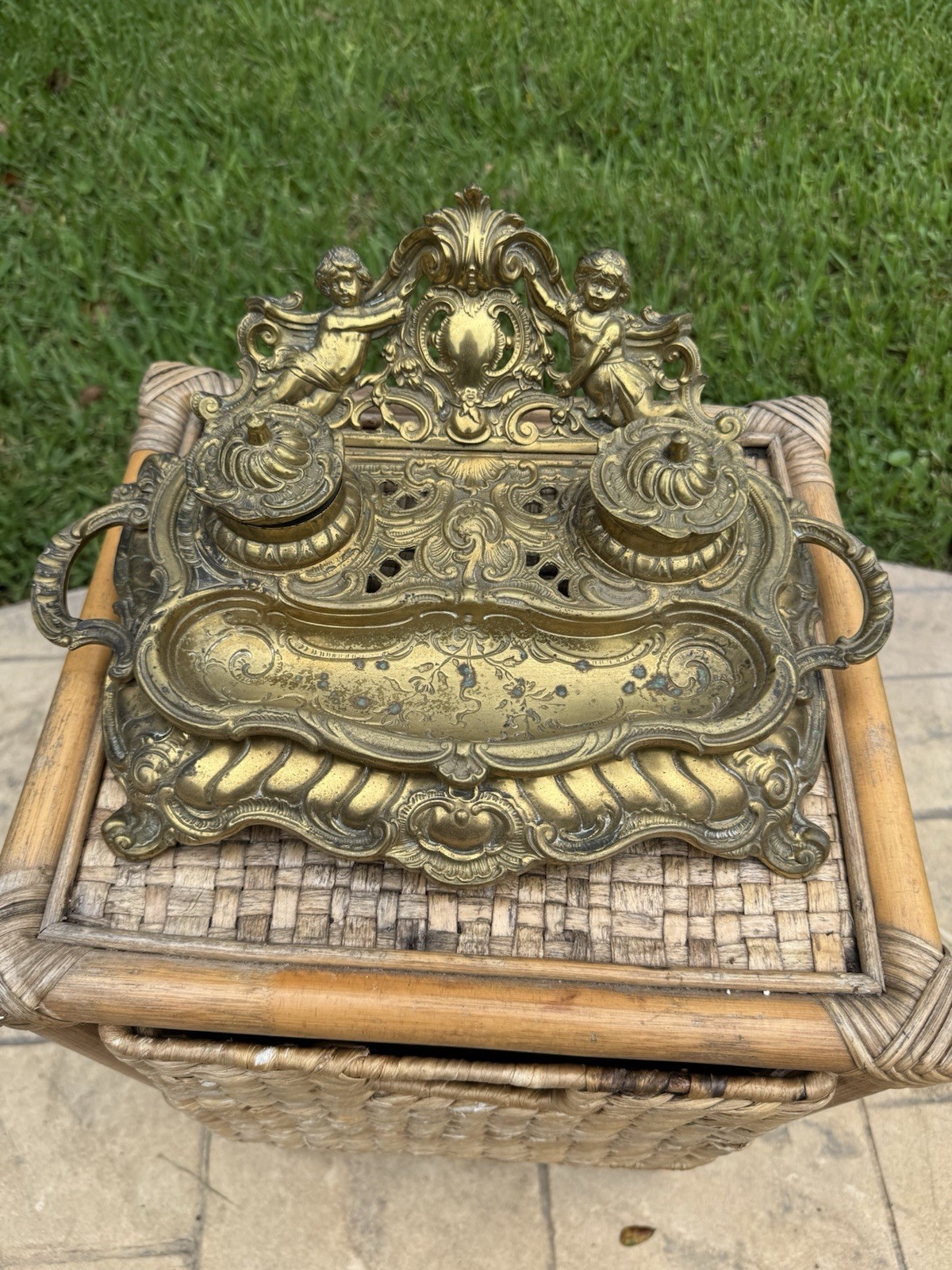 Antique Victorian Heavy Bronze/Brass Double Inkwell Letter Stand Desk Set C 1900