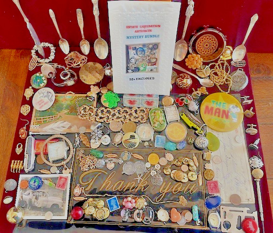 Estate Finds-Mixed smalls: Jewelry, Coins, Stamps, Watch, 10+vintage - lot CBD8Z