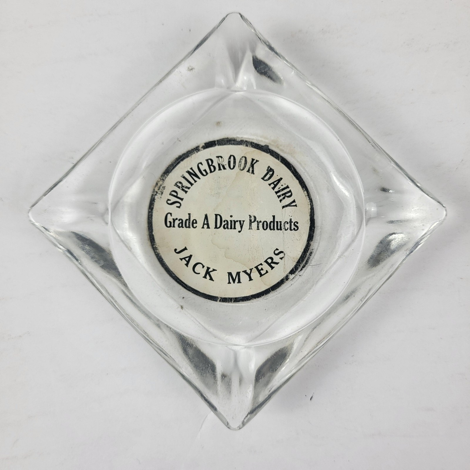 Vintage Springbrook Dairy Jack Myers Glass Advertising Ashtray Square Clear