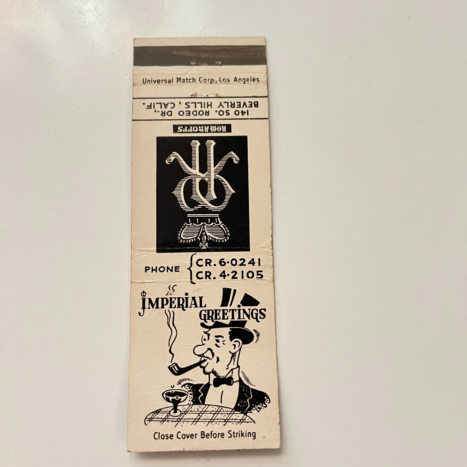 Romanoffs So Rodeo Dr Beverly Hills CA Vintage Matchbook Cover TMB56-2 Romanoffs So Rodeo Dr Beverly Hills CA Vintage Matchbook Cover TMB56-2