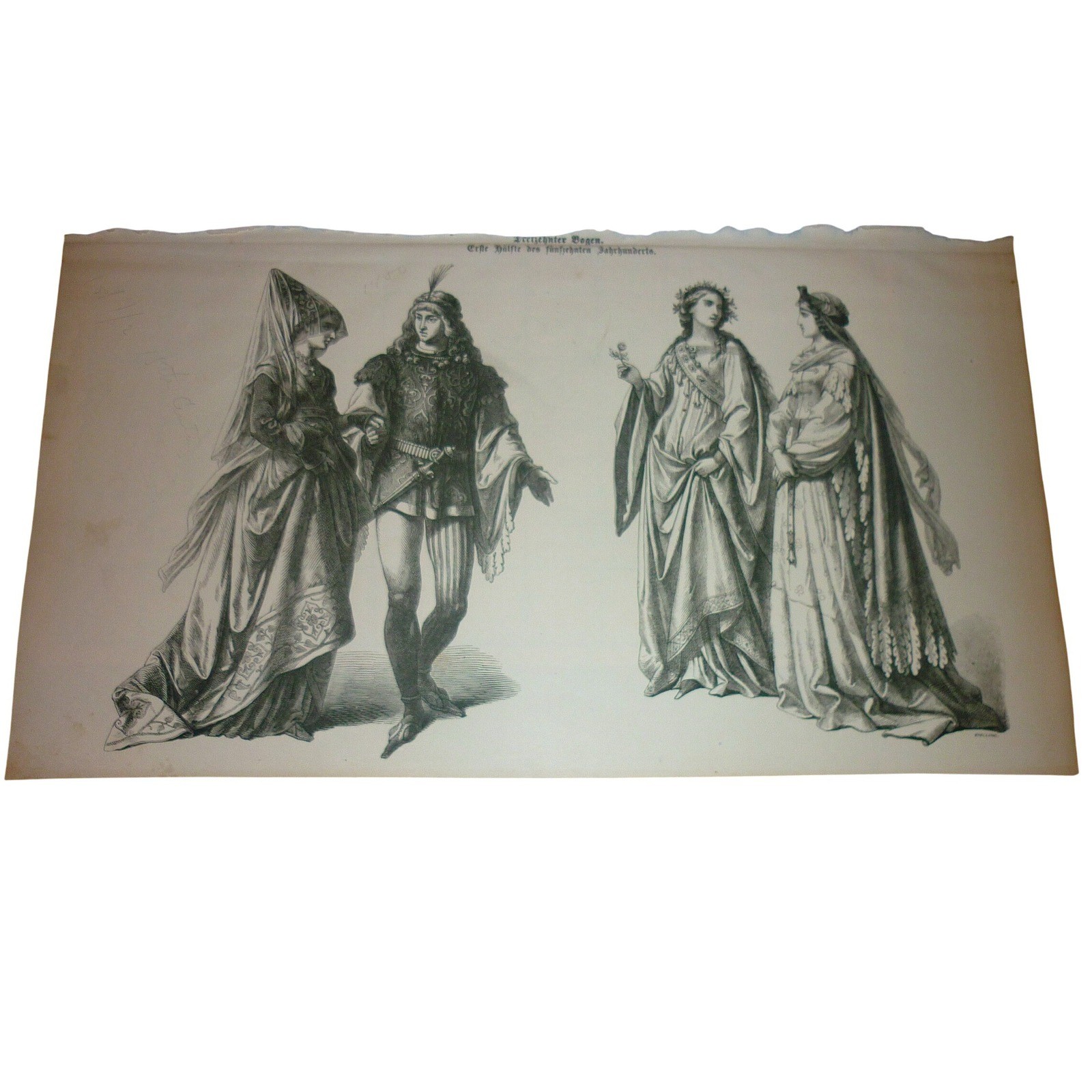 Antique 15th Century German Costume Wood Engraving Print Medieval Fashion Art