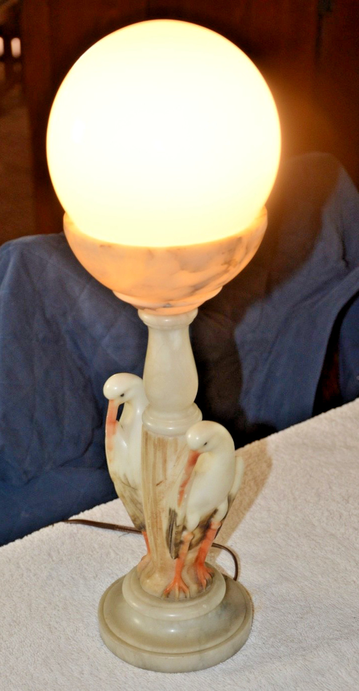 Antique ALABASTER Heron/ Stork TABLE LAMP Italy c1920s, 18\