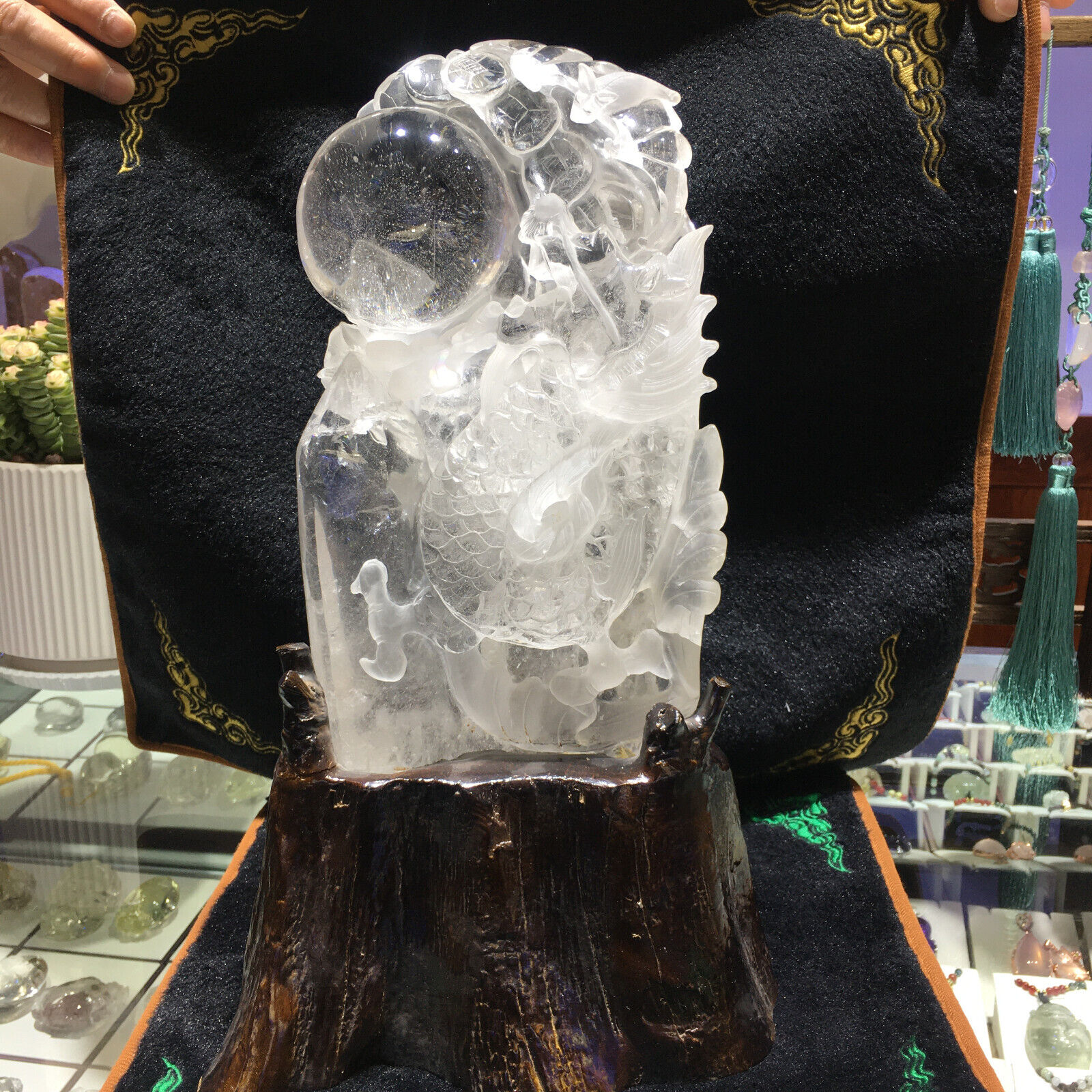 10.67LB Top natural Clear crystal Quartz Carved Crystal dragon heal Gem+stand