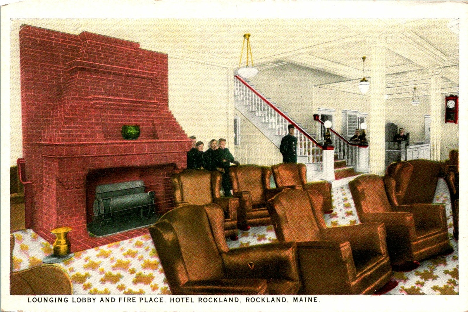 Rockland ME Hotel Lounging Lobby and Fire Place Postcard unused (13523)