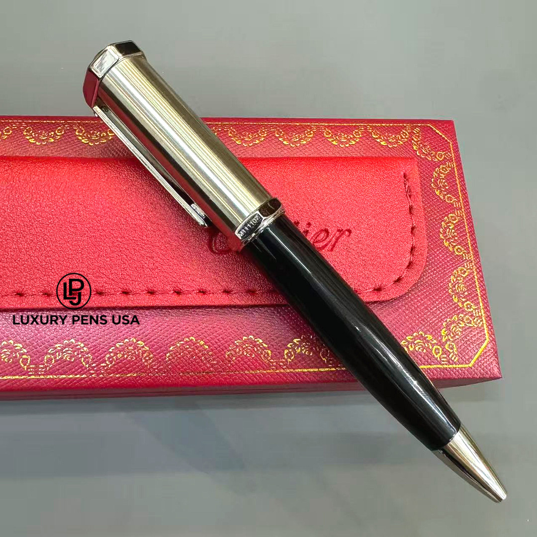 CARTIER Santos Brushed Silver Metal Black Resin Ballpoint Pen Luxury BID 🖋