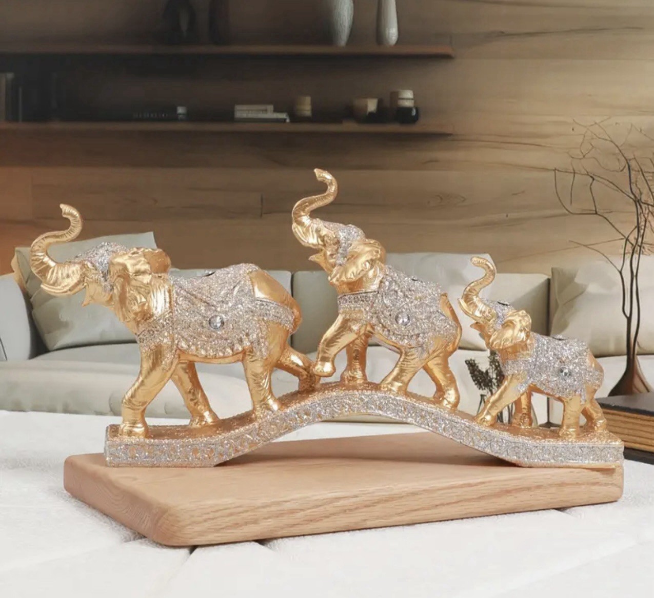 Luxurious Gold Elephant Family Sculpture Set with Crystal Accents