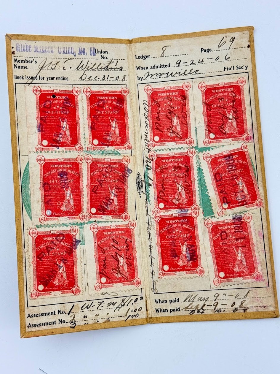 Western Federation of Miners Membership Card 1908 Globe Arizona Union No 60 AD40