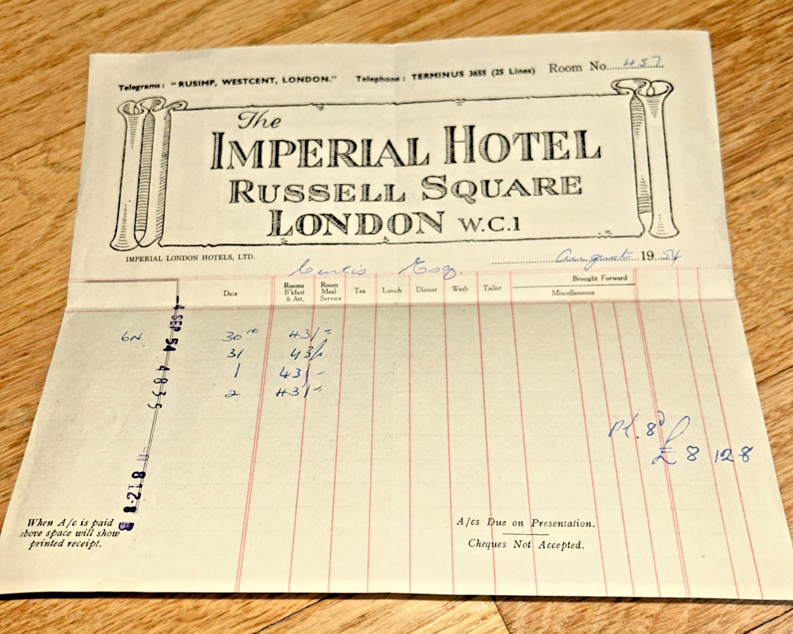 August 1954 THE IMPERIAL HOTEL, Russell Square London GUEST FOLIO / RECEIPT