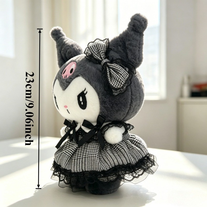 Sanrio Kuromi Gothic Plush Toy, Checkered Skirt and Bow, Soft Stuffed Doll
