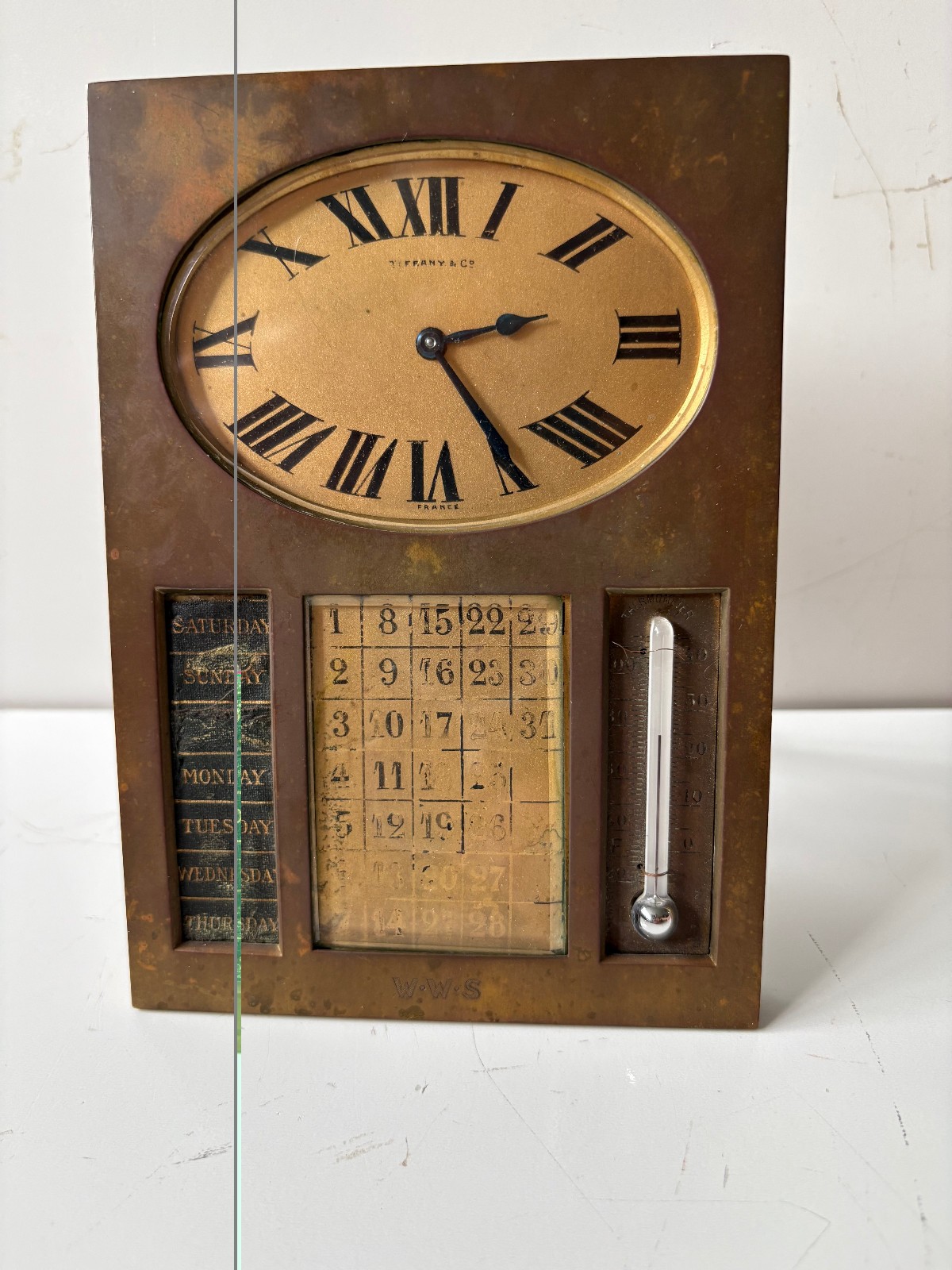 Tiffany Heavy Antique Bronze Calendar Clock Running Well,  4 1/2\