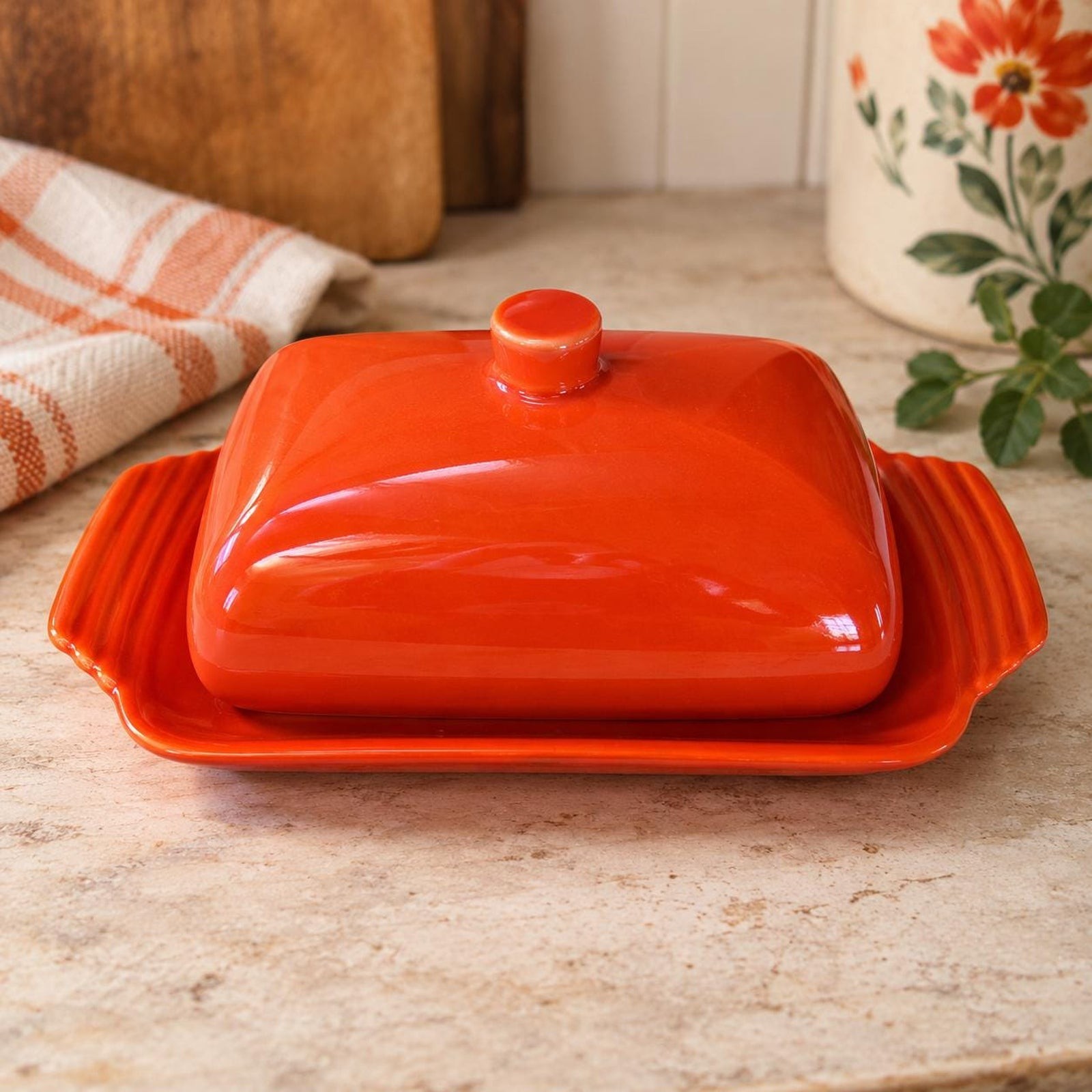Vintage Vernon Kilns California Orange Pottery Covered Butter Dish Art Deco