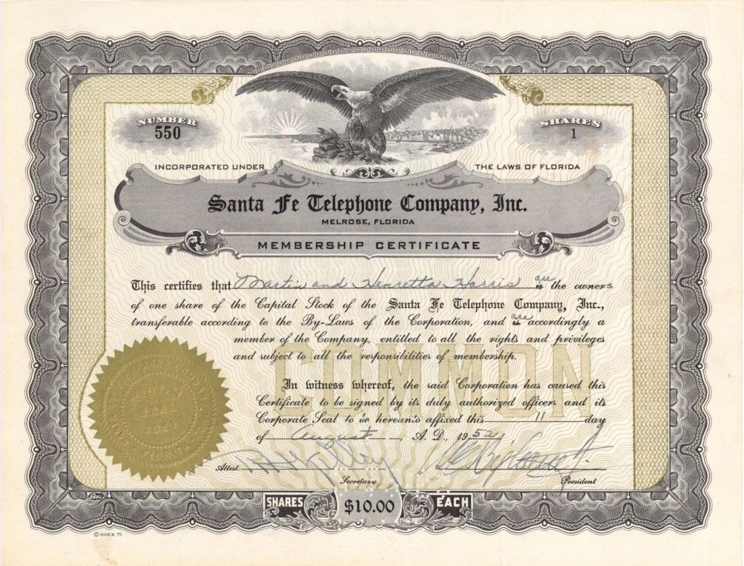 Santa Fe Telephone Company, Inc. - 1950\'s dated Stock Certificate - Telephone