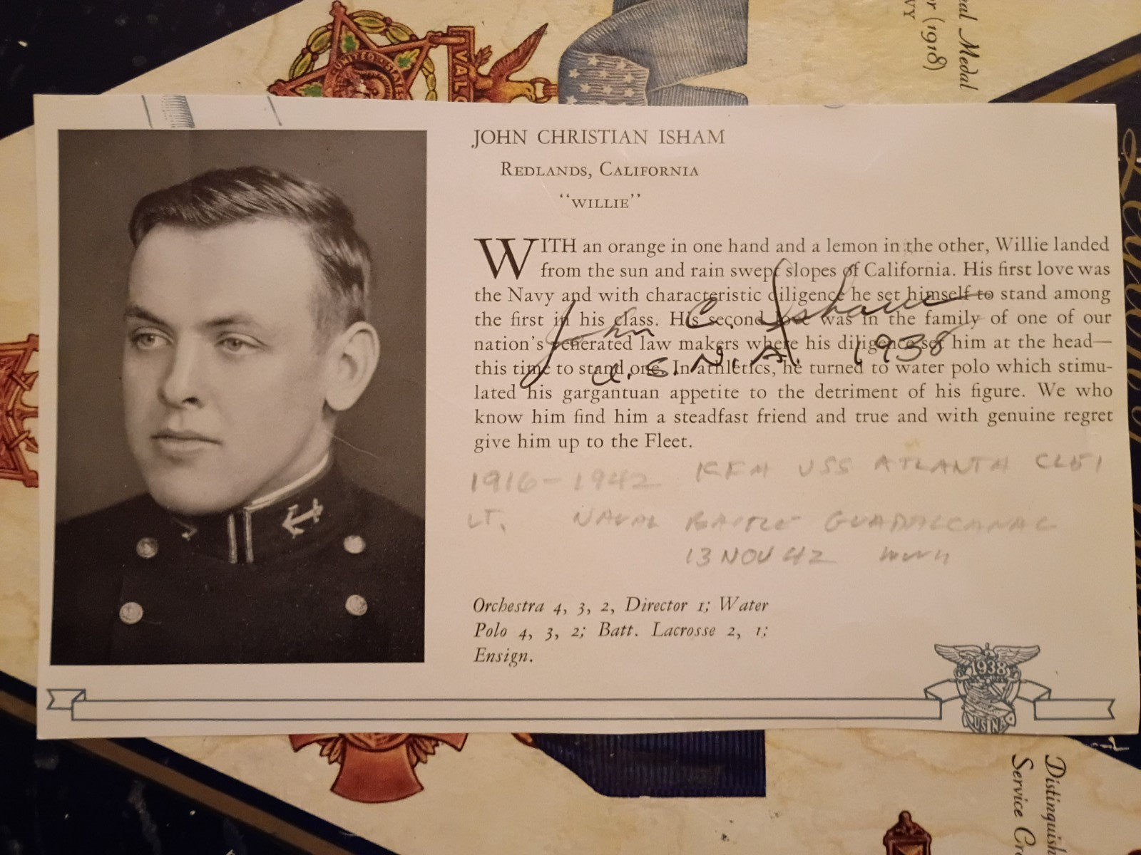 Lt. JOHN C. ISHAM KIA USS Atlanta (CL-51) Signed USNA 1938 Photo/Bio RARE