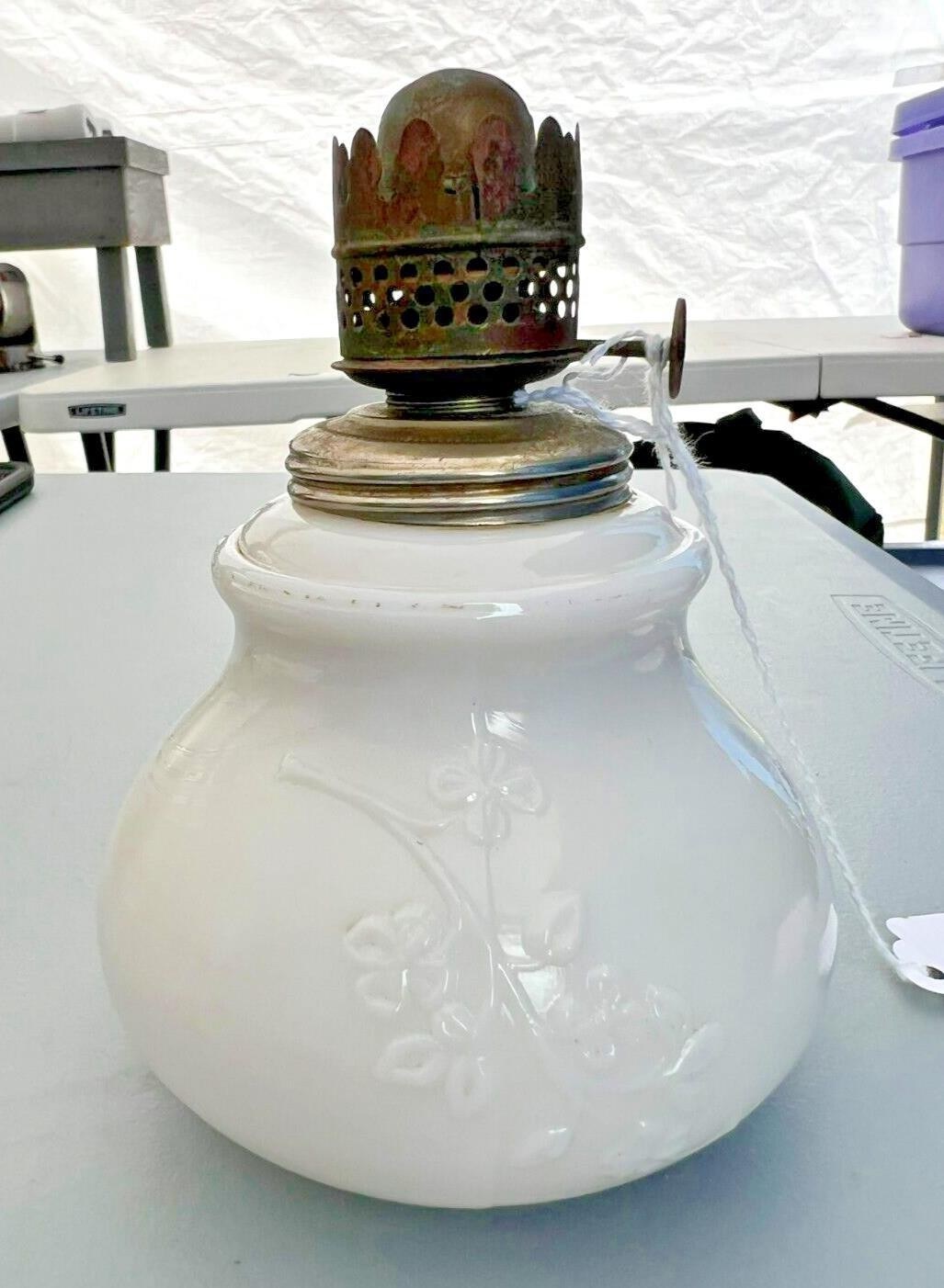 Vintage White Kerosene Oil Lamp Milk Glass Etched  Flowers