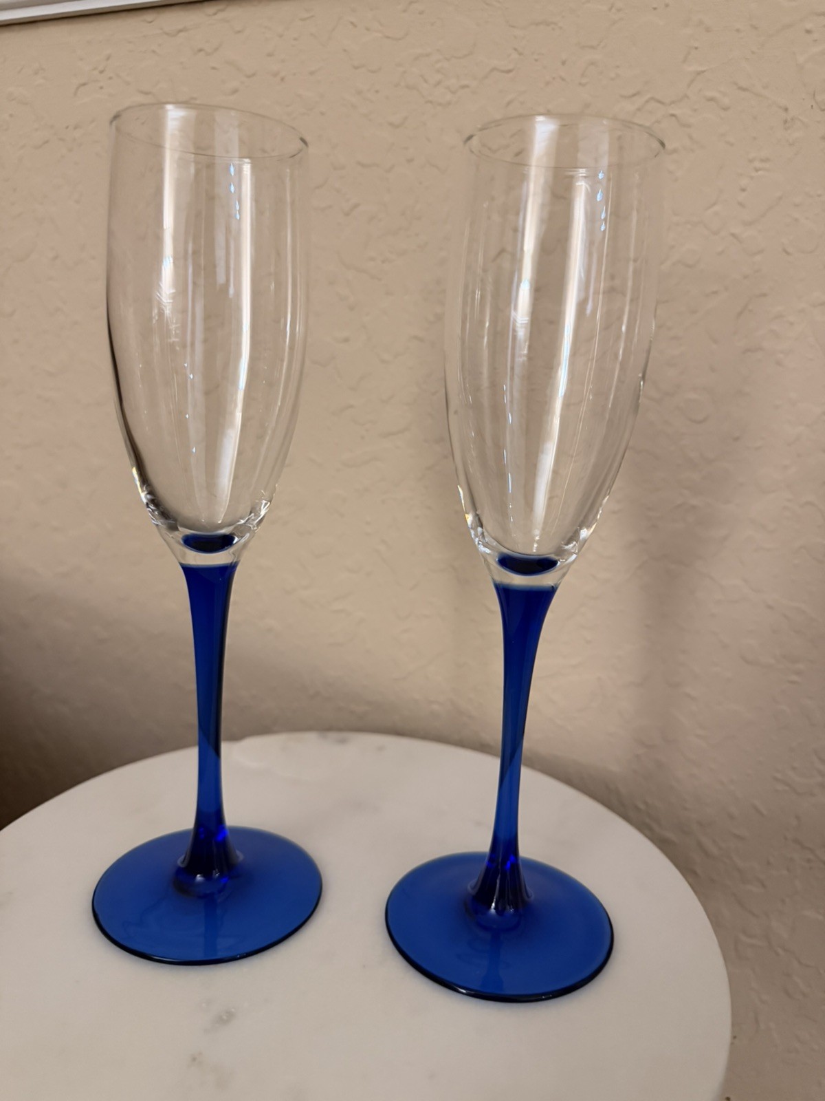 Vintage Luminarc France Cobalt Blue Smooth Stem Champagne Flutes - Pair of 2