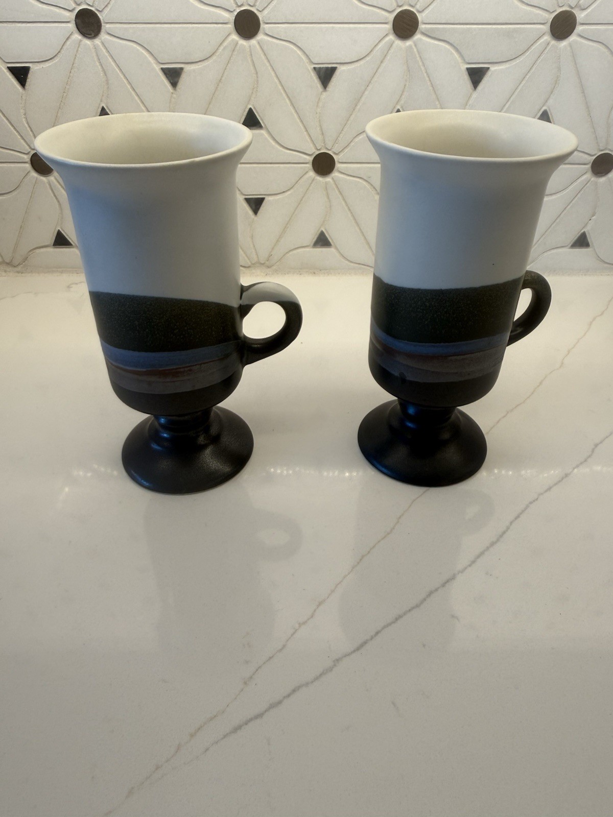2 Otagiri Japan Vintage Ivory, Olive Green, Blue Footed Irish Coffee Cups MCM 