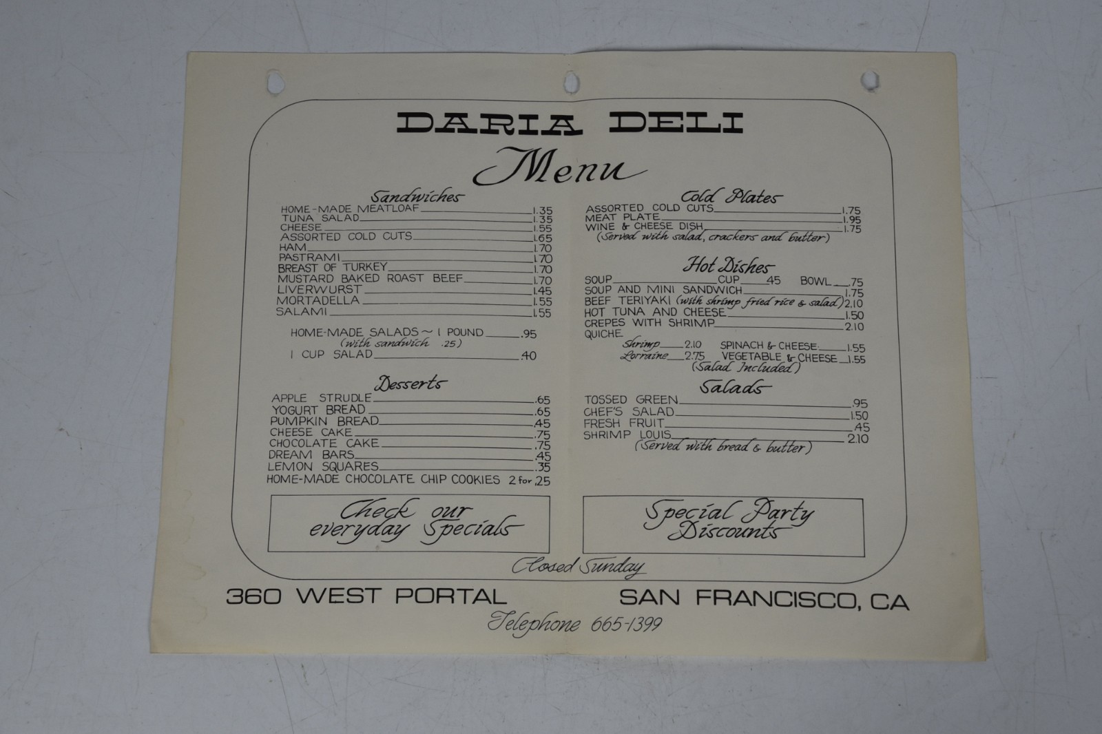 Vintage Daria Deli Menu West Portal San Francisco Retro 1980s