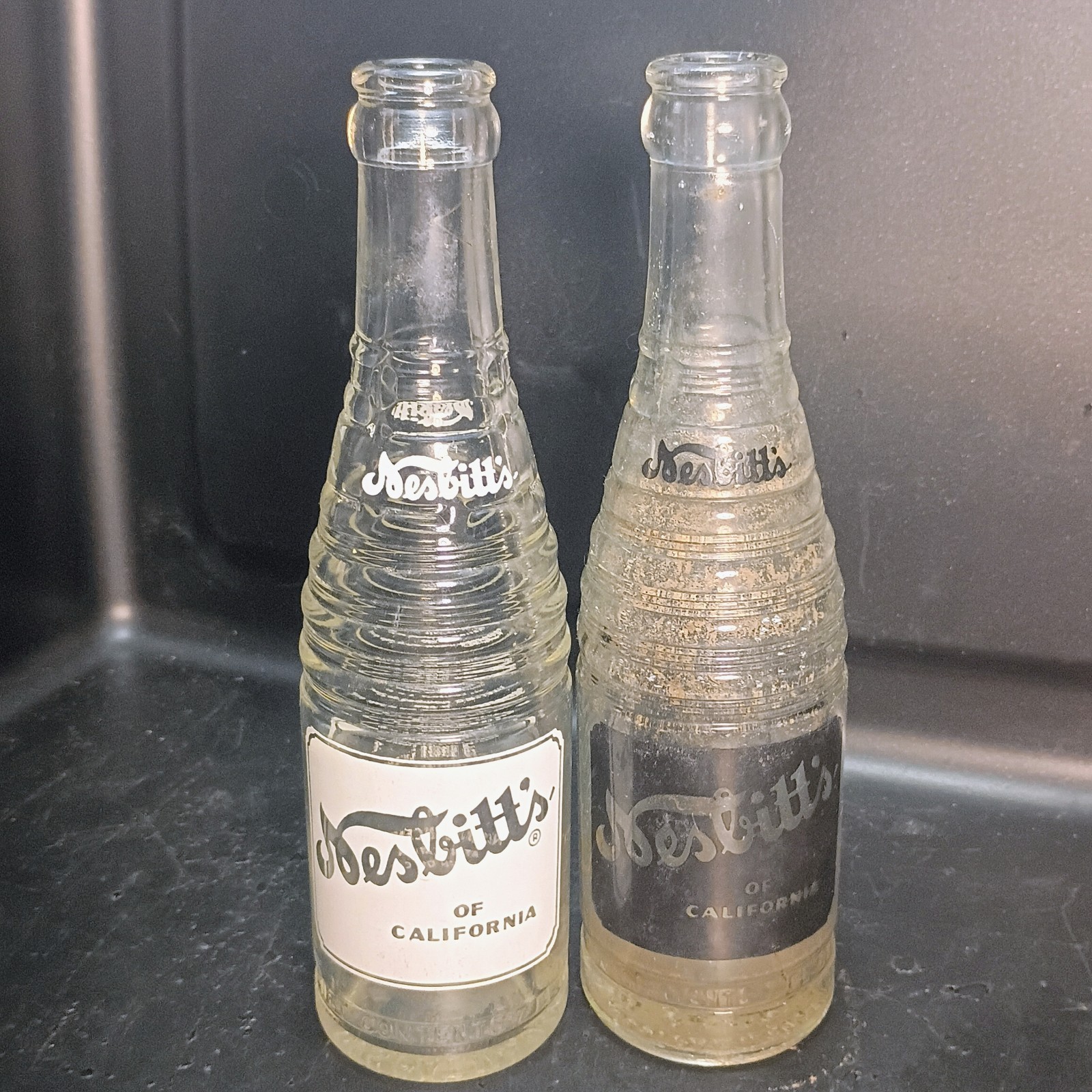 Vintage 1950s Nesbitt's of California ACL Glass Soda Bottles White & Black