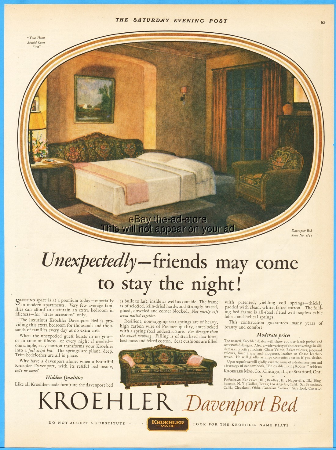 1927 Kroehler Davenport Bed Couch Sleeper Sofa Suite No 1833 1920\'s Furniture Ad