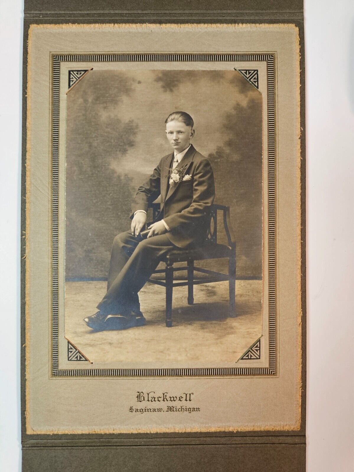 Antique Picture of Young Man, Fold Open Cardboard Standing frame,Saginaw, MI