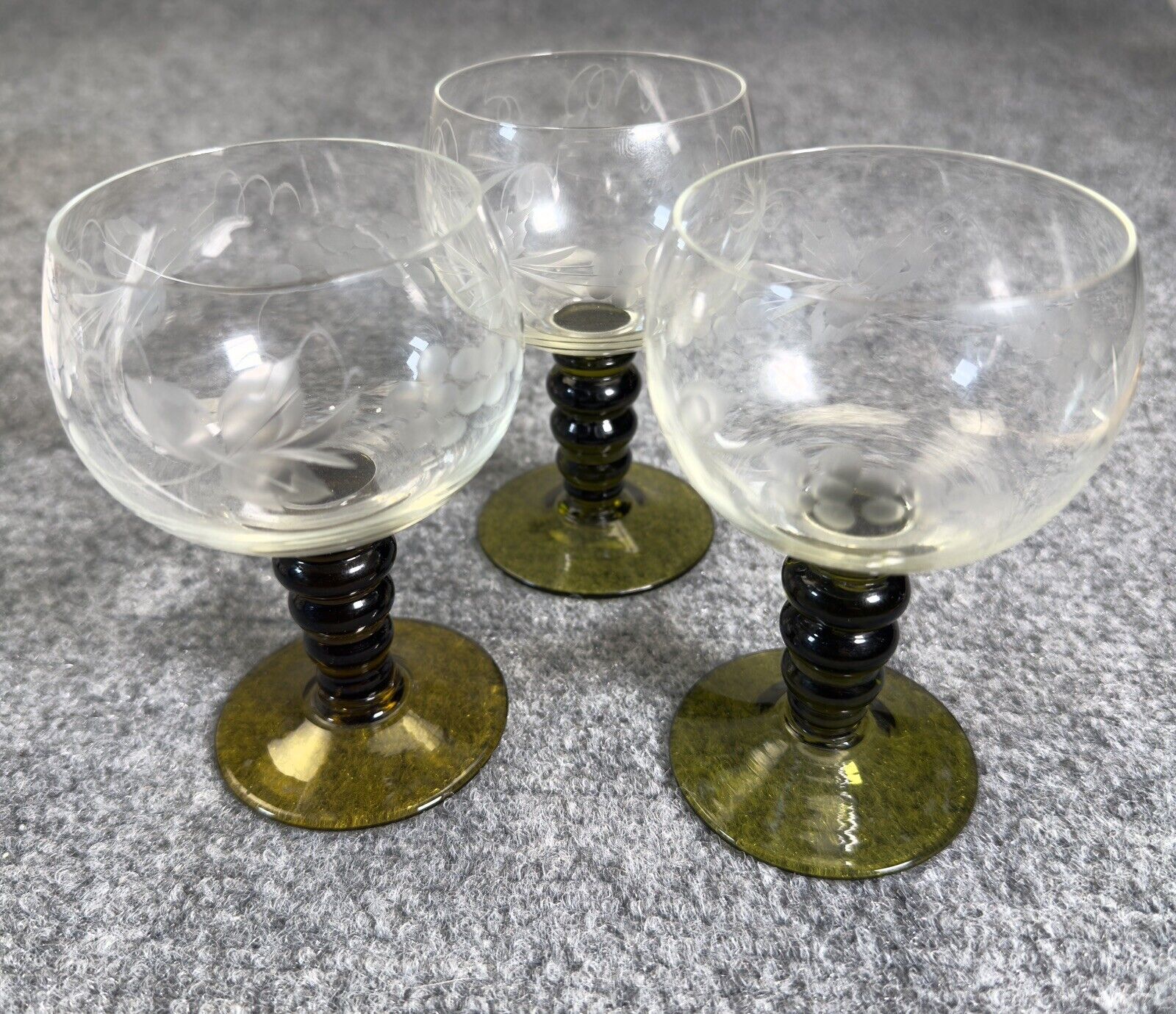 Set of 3 Roemer Rhine Wine Glasses Cordials Avacado Green Stem Germany