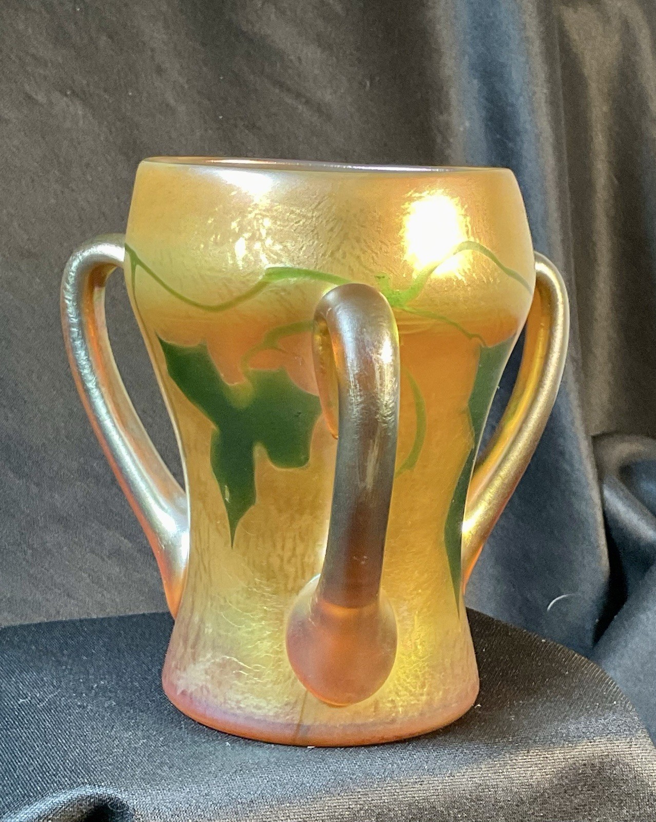 Signed Tiffany Favrile Three-Handled Loving Cup With Leaf & Vine Decoration