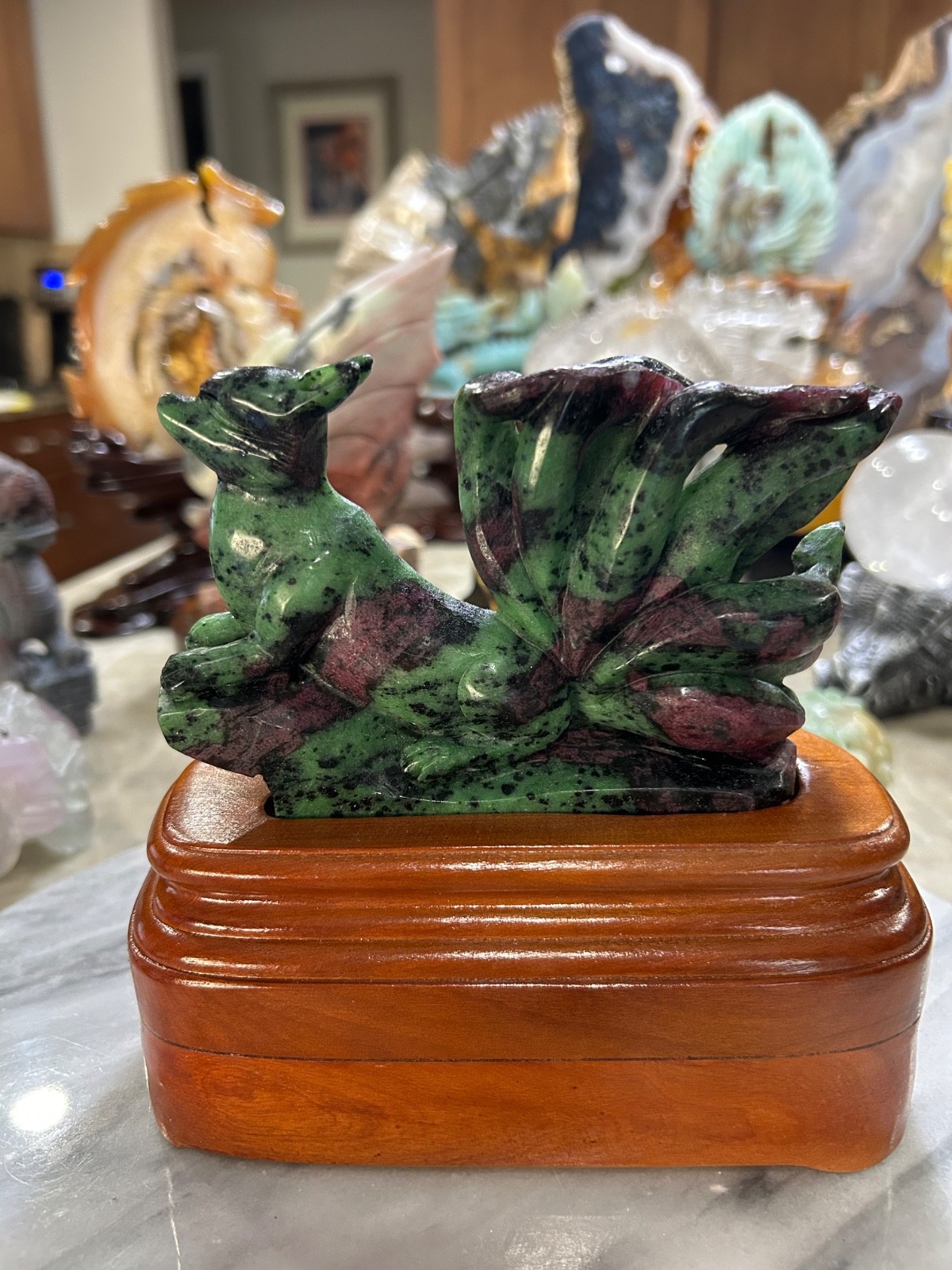 9 Nine Tail Fox Ruby Zoisite carving with custom wood stand UV reactive