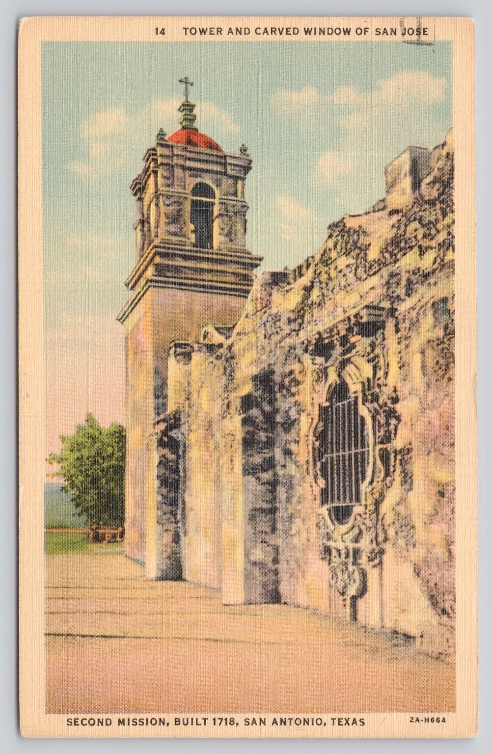 Mission San Jose Tower Carved Window 1941 Postcard San Antonio Texas Linen