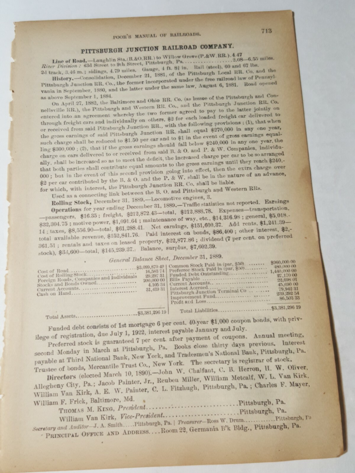 1890 train document Pittsburgh Junction Railroad Company downtown RR B&O to P&W