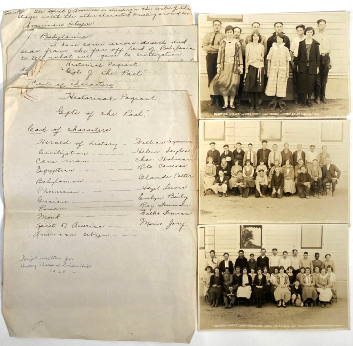1924 LINDEN UNION HIGH SCHOOL, CALIFORNIA lot of 3 photographs and pageant notes