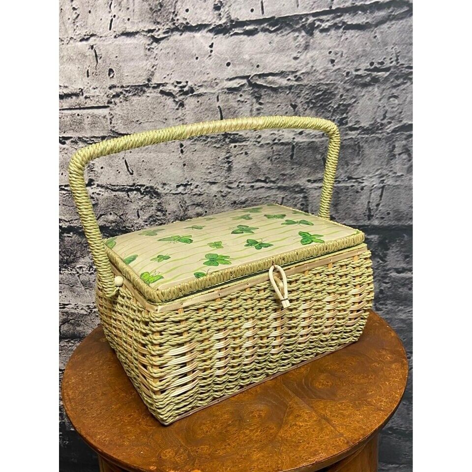 Vintage Dritz  Green Woven Wicker Sewing Basket with Handle