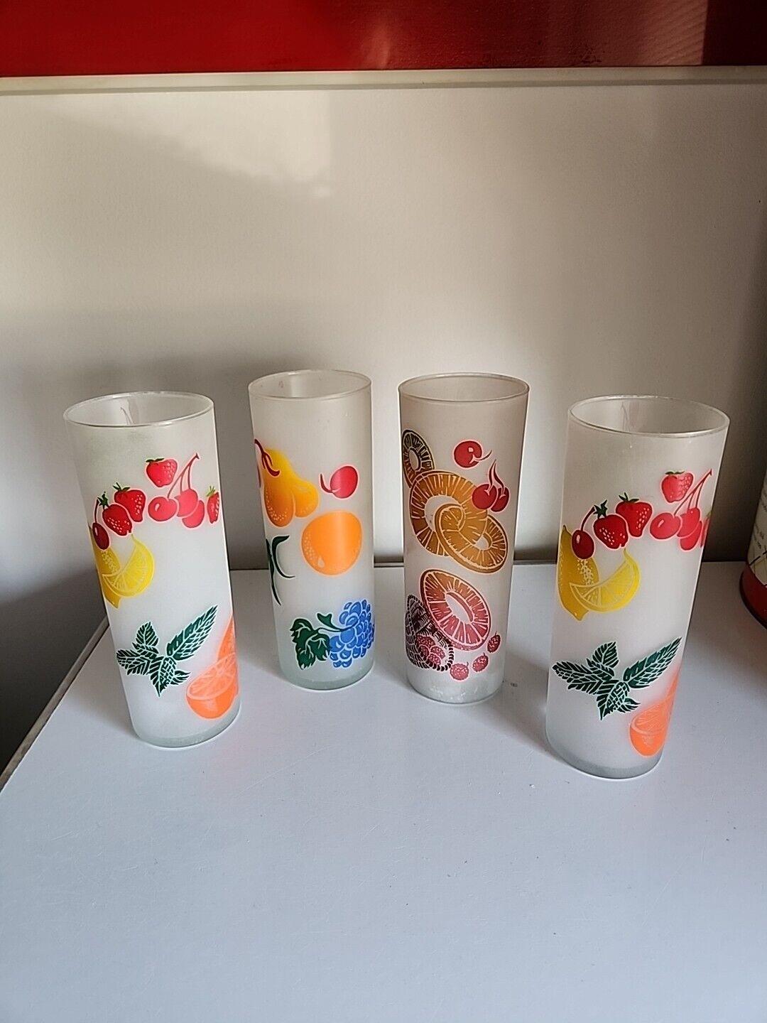 4 Vint. Tall  Frosted Glass Tumblers Fruit Decorated COUNTRY  FARMHOUSE Kitchy