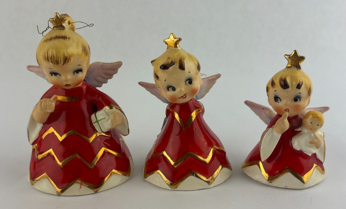 Vintage Geo Lefton “Naughty “ Christmas Angel Ornament Bells Set 1956