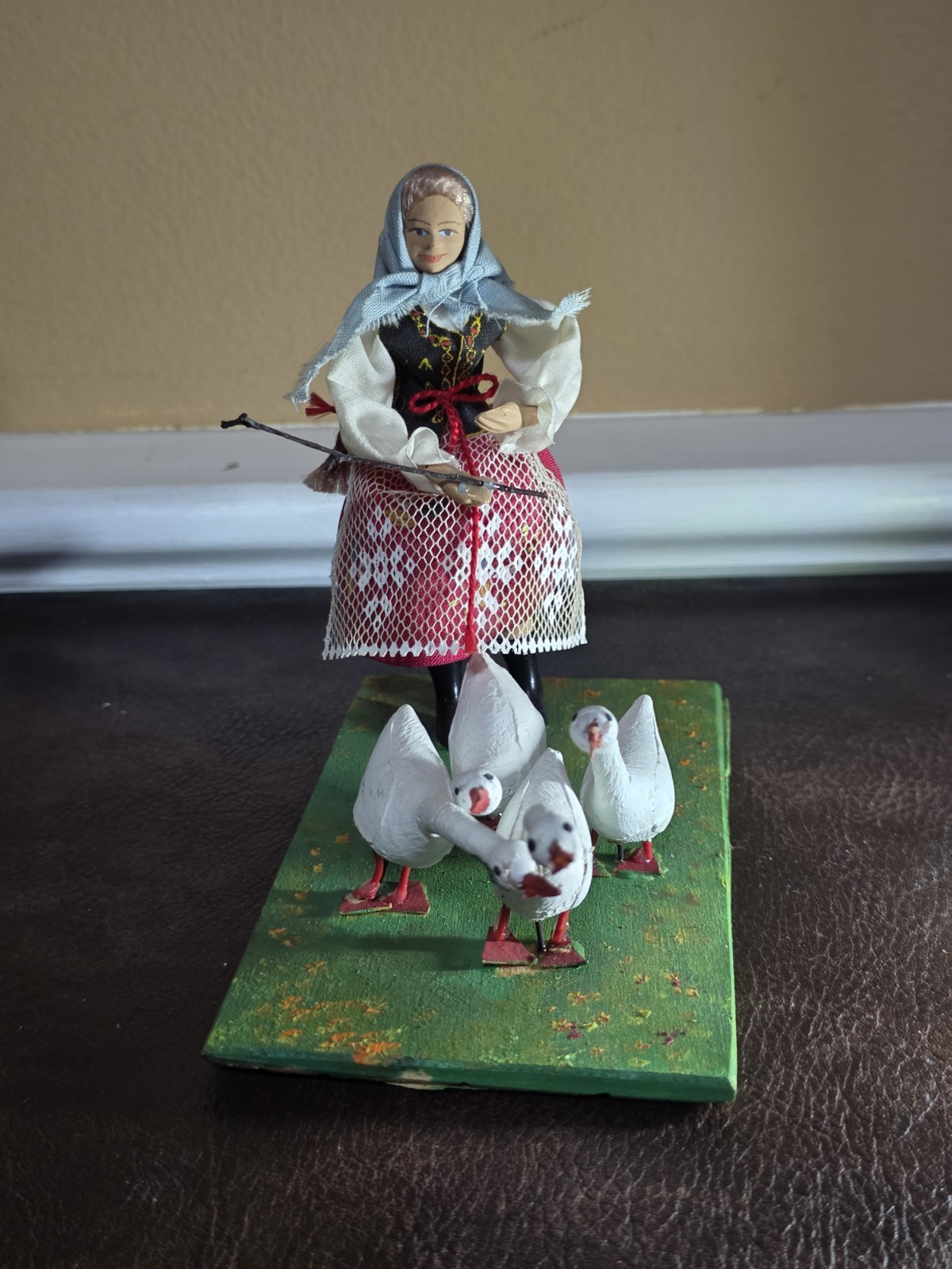 Vintage Handmade Polish Folk Art Diorama Woman Herding Geese Traditional Dress