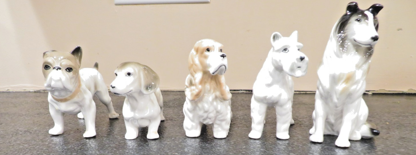 5 Vintage Ceramic Porcelain Dogs Figurines Statues