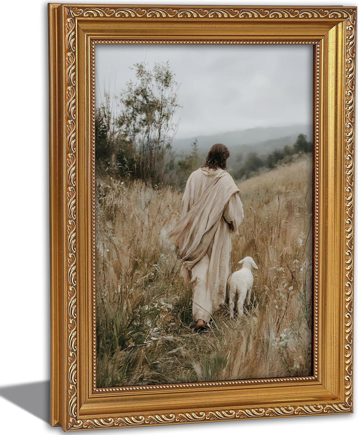 Vintage Gold Framed Jesus with Lamb Wall Art Jesus Leaves the 99 Sheep Wall D...