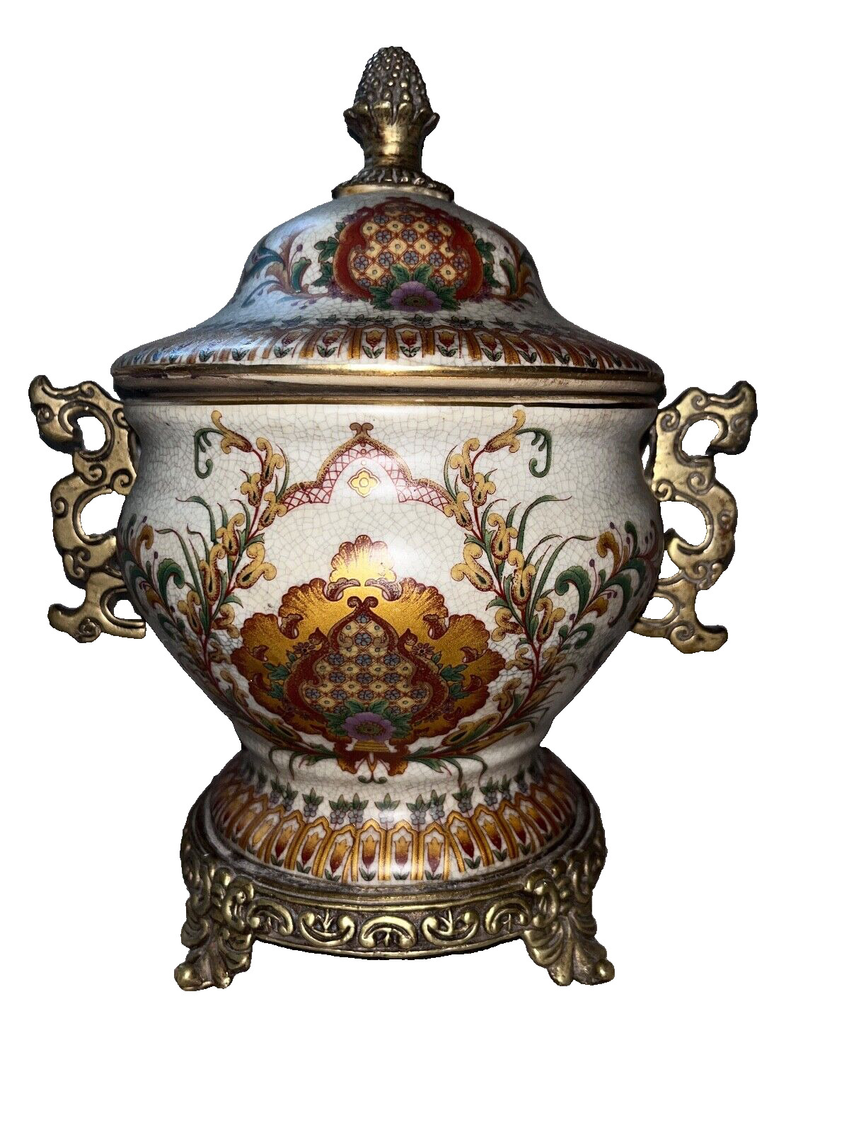 Ornate Decorative Porcelain and Bronze Urn with Lid Decorative Handles Asian
