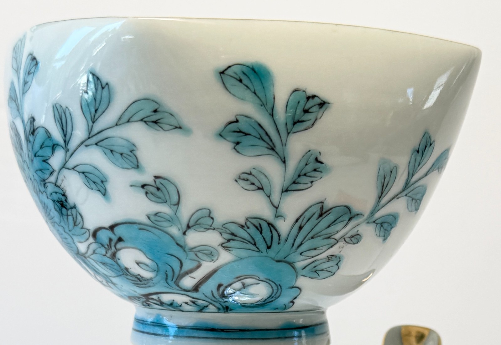Vintage Genuine Kutani Porcelain Rice Bowl & Spoon Blue Peony Calligraphy Japan