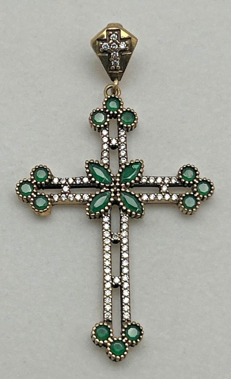 Vintage Large Byzantine Style Cross with Green and Crystal Gems