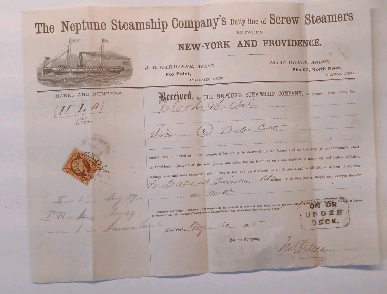 1865 New York & Providence - Neptune Steamship Companys - Rare Letter Head Bill