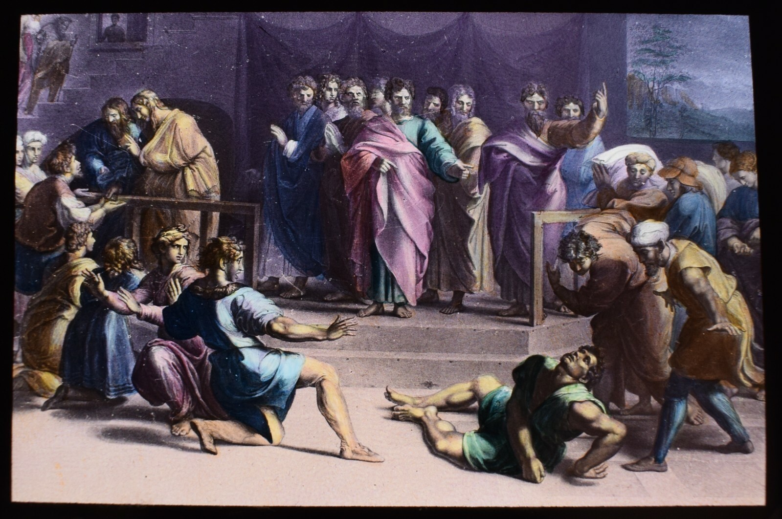 ANTIQUE HAND COLOURED Magic Lantern Slide THE DEATH OF ANANIAS C1890 RAPHAEL