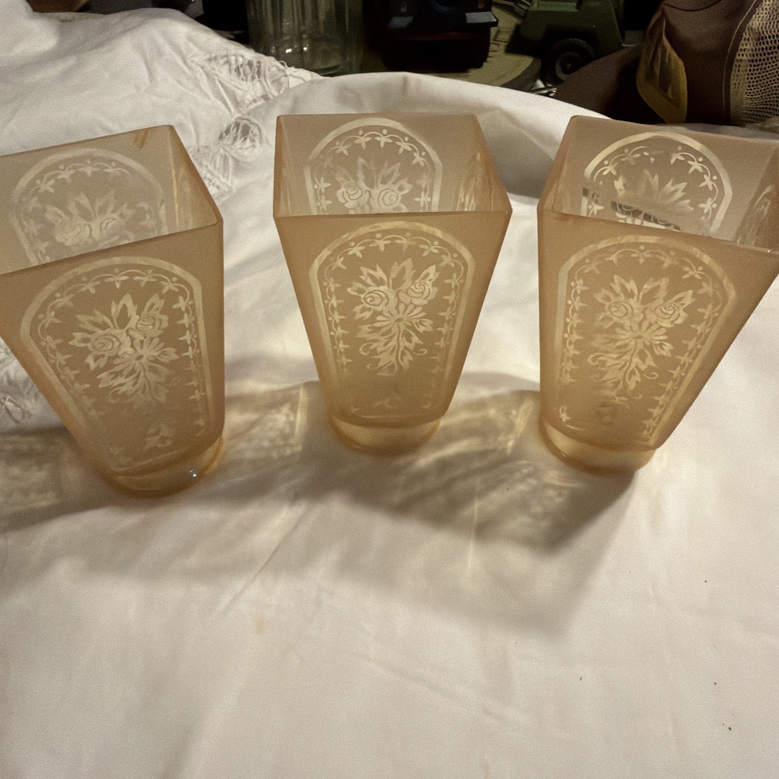 Antique Art Deco 3/Ceiling ,Chandelier ,Lamp ,Amber Etched Glass  Shade 2 1/4