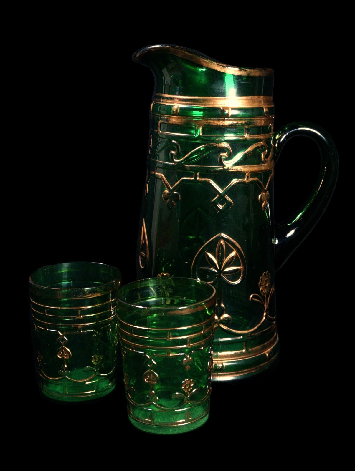 Antique Dugan Glass EAPG Emerald Green & Gold Pitcher w/ 2 Glasses - RARE (R)