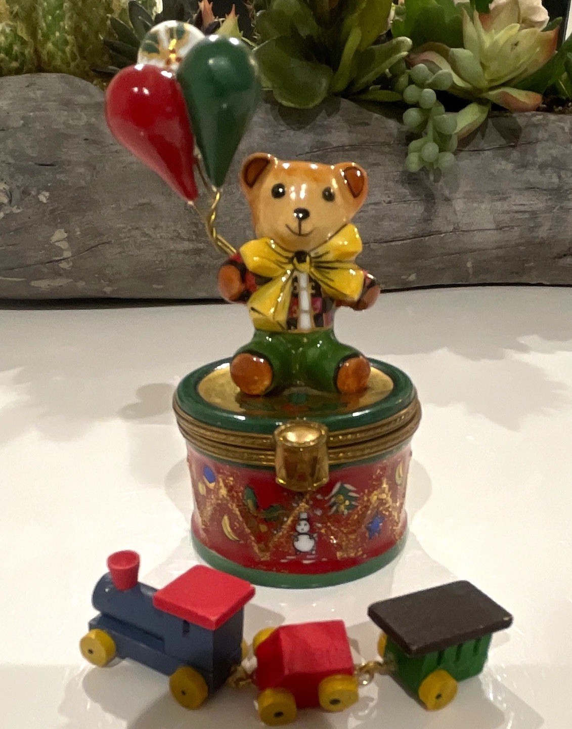 Vintage Limoges Imports Porcelain Trinket Box Teddy Bear Balloons w/ Mini Train