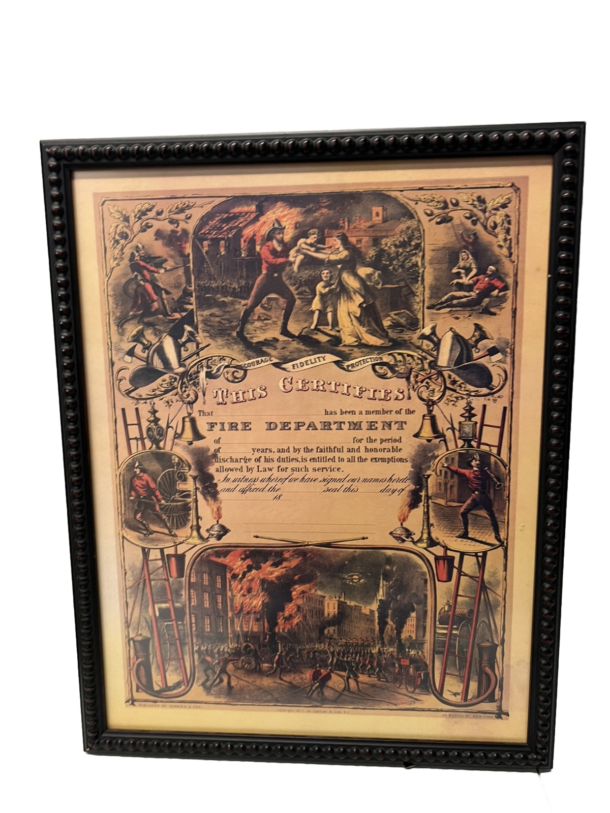 Antique 1877 Currier Ives Lithograph Volunteer Firefighter Discharge Certificate