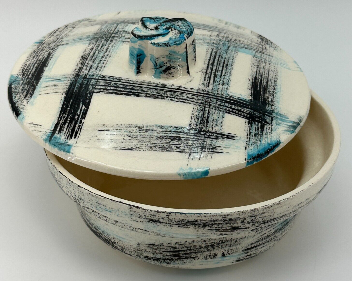 Vintage MCM California Pottery Atomic Brush Stroke Small Lidded Dish USA 1960s