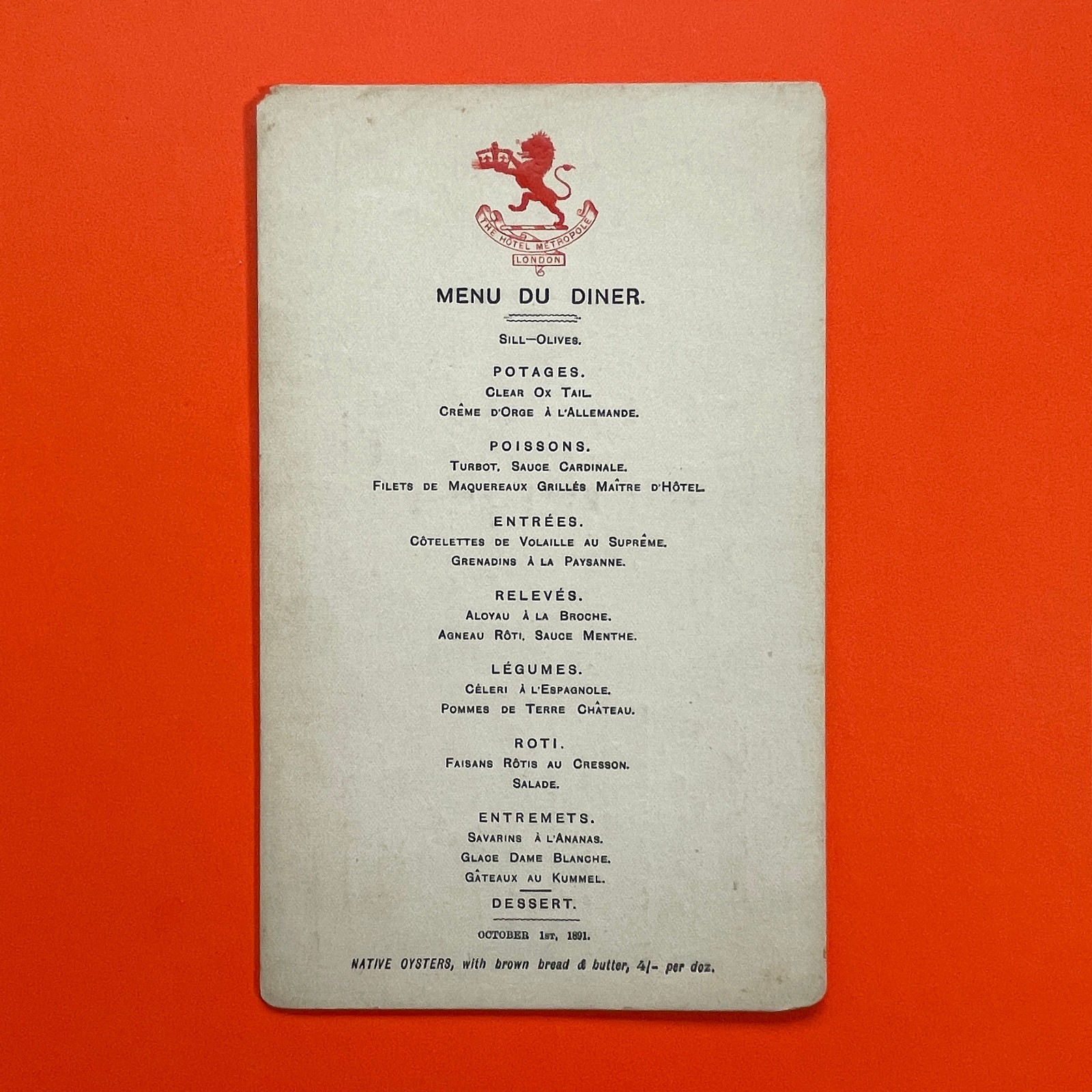 Antique 1891 French Menu Du Diner • The Hotel Metropole • London