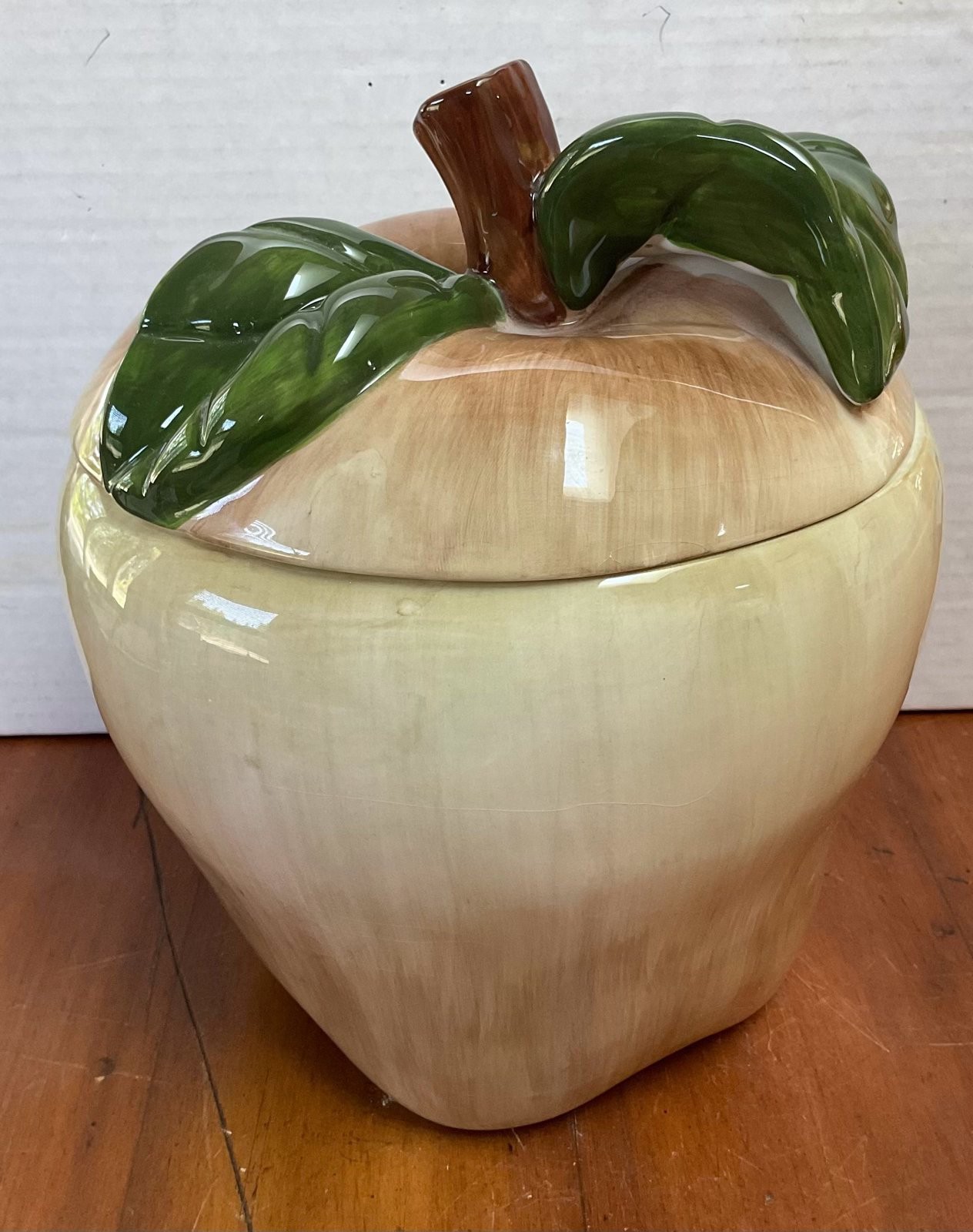 Vintage Green Leaf Ceramic Apple Cookie Jar Leaf Lid Farmhouse Kitchen Decor 10\ Vintage Green Leaf Ceramic Apple Cookie Jar Leaf Lid Farmhouse Kitchen Decor 10\