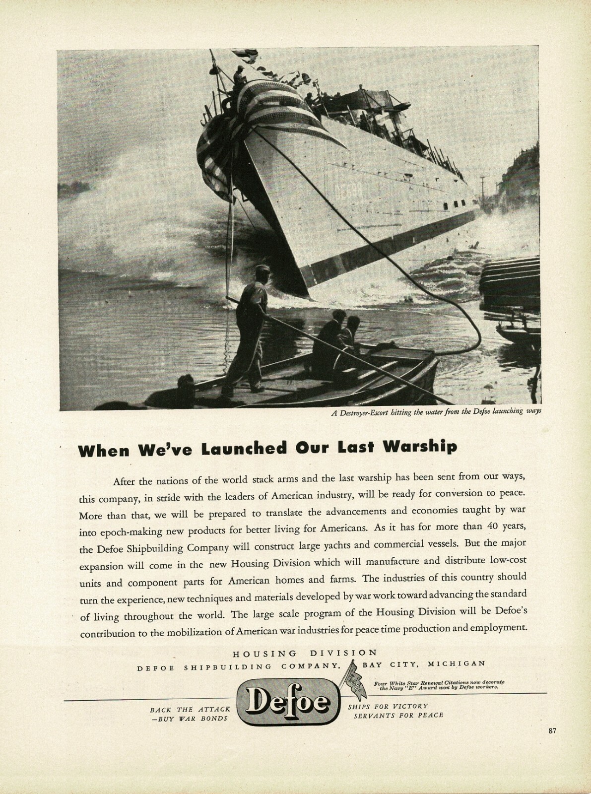 1945 DEFOE Shipbuilding launching WWII US Navy Destroyer Escort Vintage Print Ad