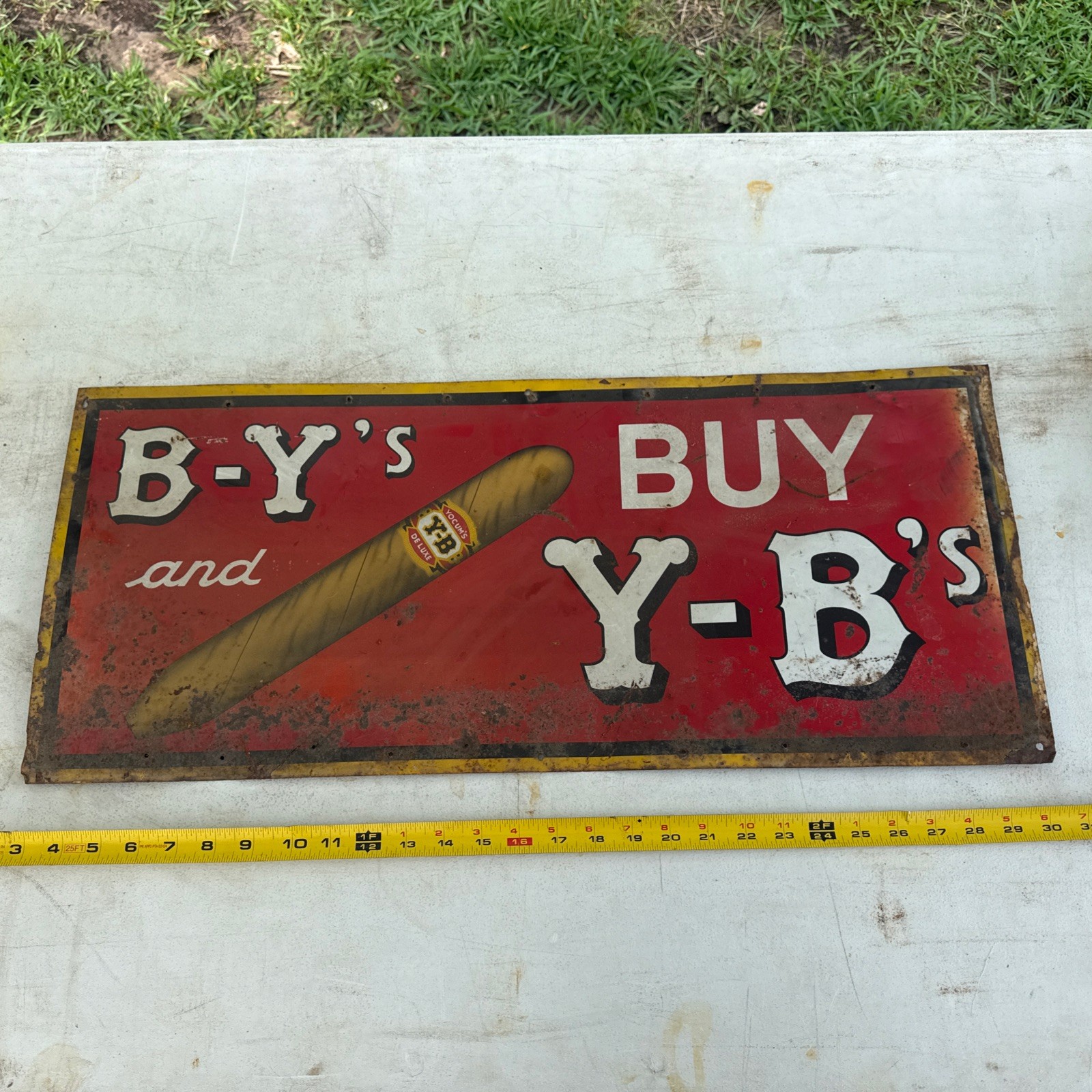 Vintage Y-B’s Cigar Tin Tacker Litho Tobacco Sign 28”x12”